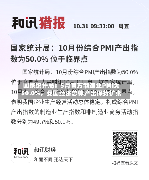 国家统计局：5月官方制造业PMI为50.0%	，我国经济总体产出保持扩张-第2张图片