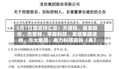 6月7日增减持汇总：天德钰	、鼎龙股份、杰普特、孚能科技	、龙佰集团减持	，方大集团、美力科技回购（表）-第2张图片