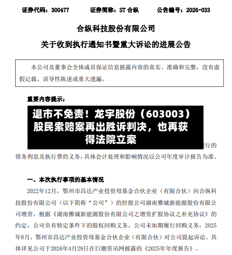 退市不免责！龙宇股份（603003）股民索赔案再出胜诉判决，也再获得法院立案-第3张图片